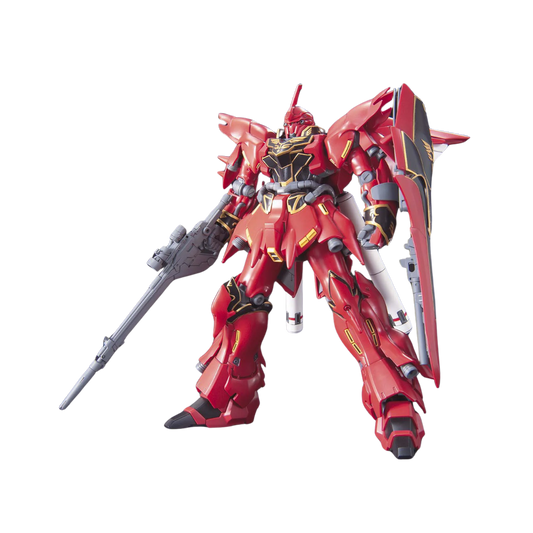 Bandai HG MSN-06S Sinanju model kit from Mobile Suit Gundam Unicorn, featuring red armor, gold details, and full articulation for action poses.