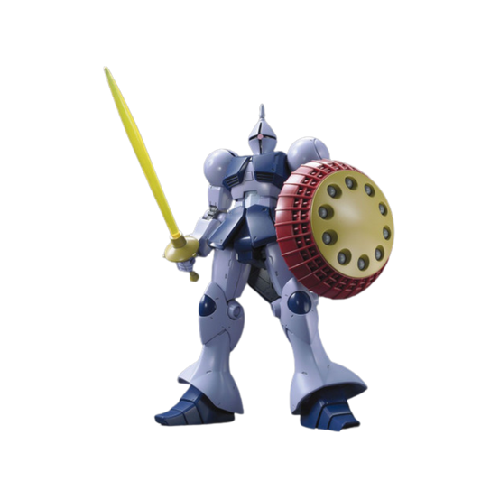 Bandai HG YMS-15 Gyan model kit from Mobile Suit Gundam, featuring spiked mace, oversized shield, and detailed articulation for dynamic poses