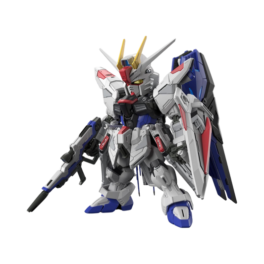 Bandai MGSD Freedom Gundam model kit, stylized SD Gundam with detailed articulation, iconic wings and weapons, perfect for collectors and Gundam fans.
