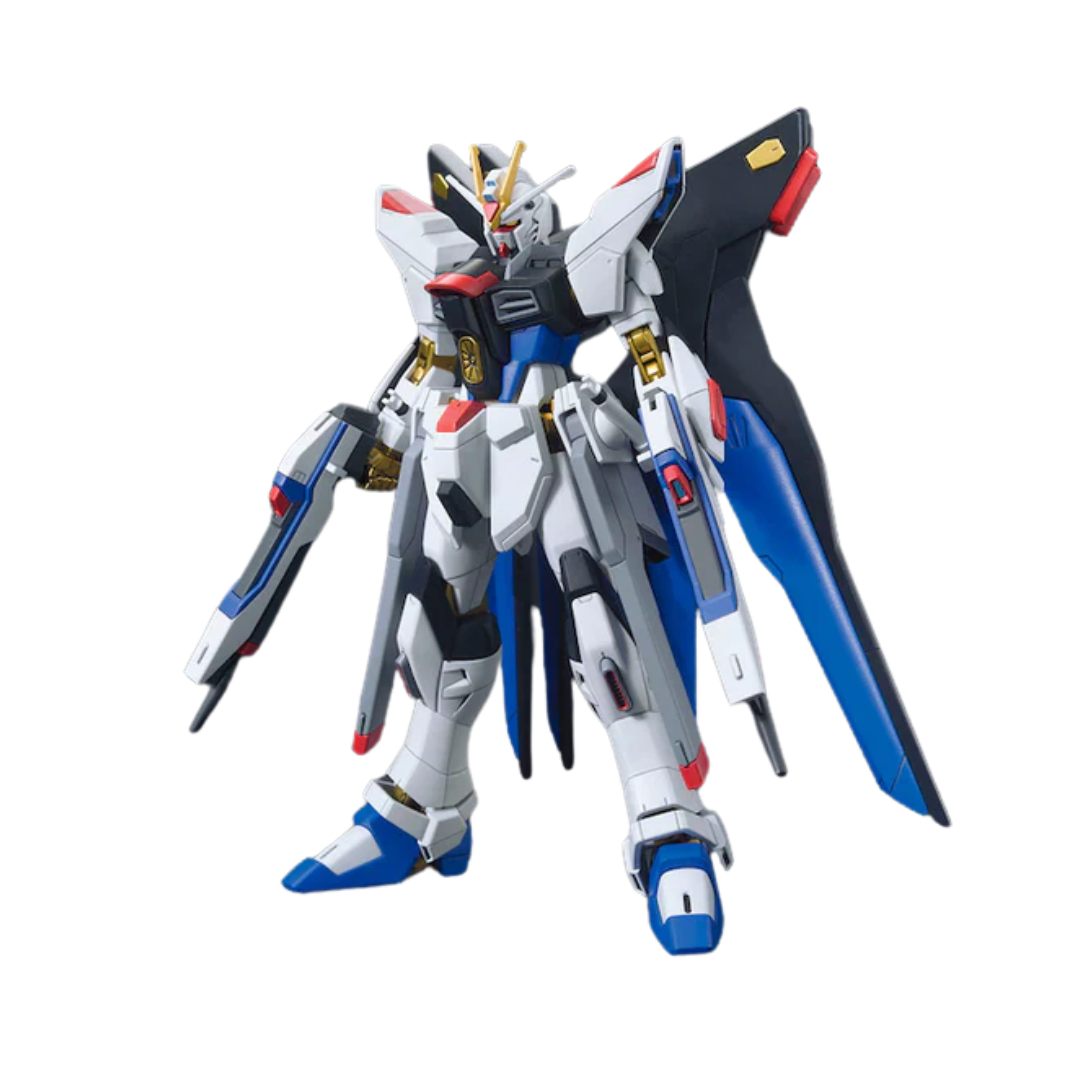 Bandai HG ZGMF-X20A Strike Freedom Gundam model kit from Gundam SEED Destiny, detailed articulation, iconic blue and gold color scheme, includes display stand and accessories