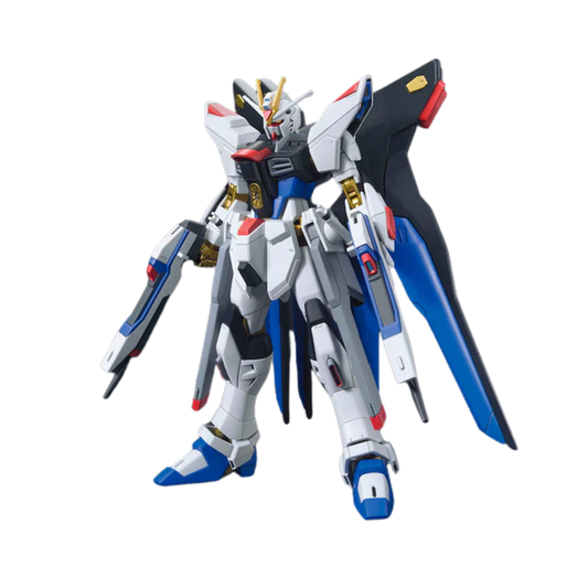 Bandai HG ZGMF-X20A Strike Freedom Gundam model kit from Gundam SEED Destiny, detailed articulation, iconic blue and gold color scheme, includes display stand and accessories