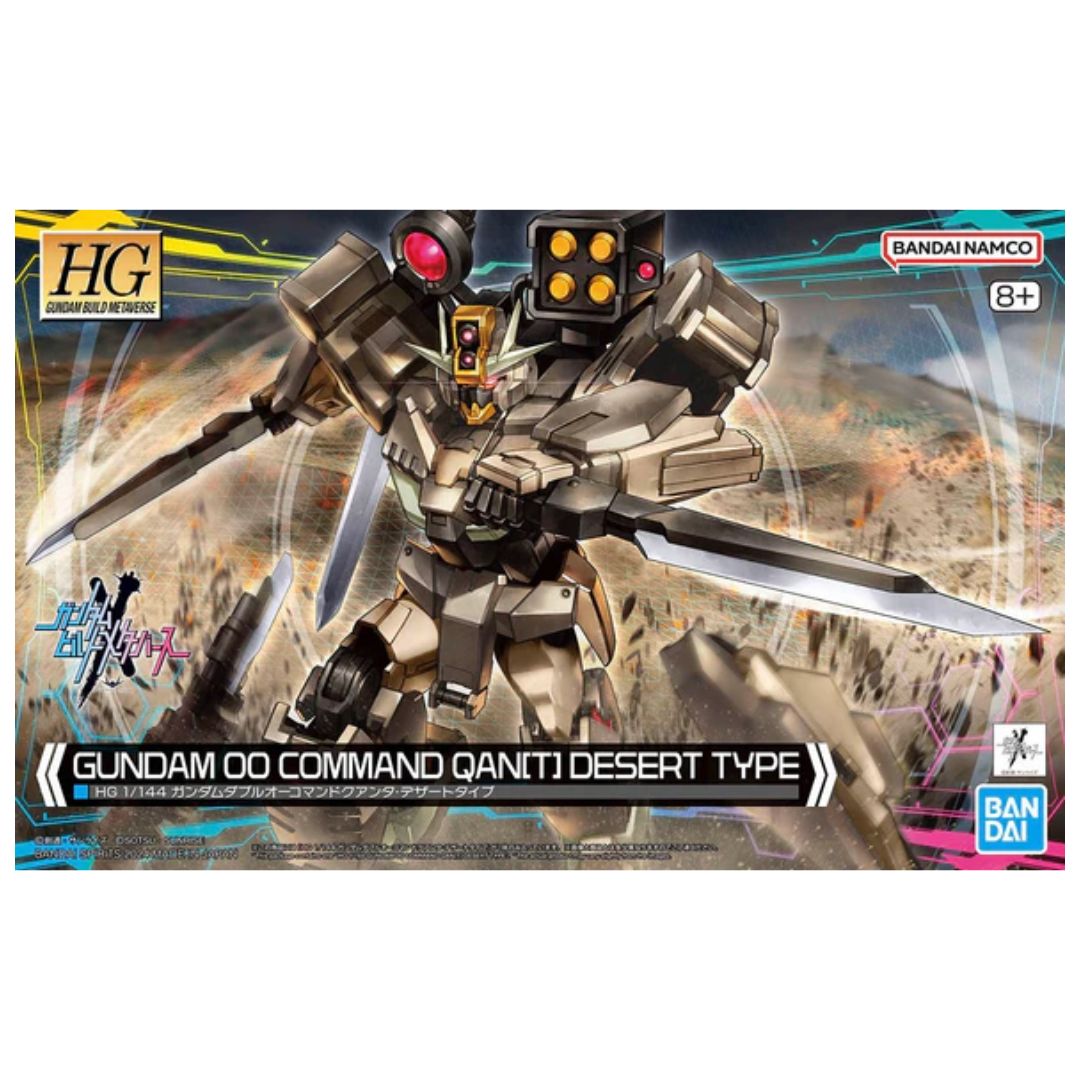 Bandai HG Gundam 00 Command Qan[T] Desert Type model kit with heavy armor, missile launchers, and rugged desert camouflage from Gundam Build Metaverse.