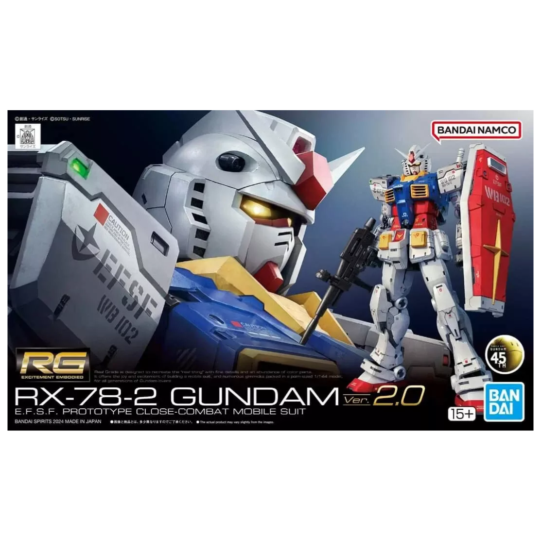 Bandai RG RX-78-2 Gundam Ver. 2.0 model kit, highly detailed real-grade Gunpla with advanced articulation, beam rifle, shield, and beam sabers.