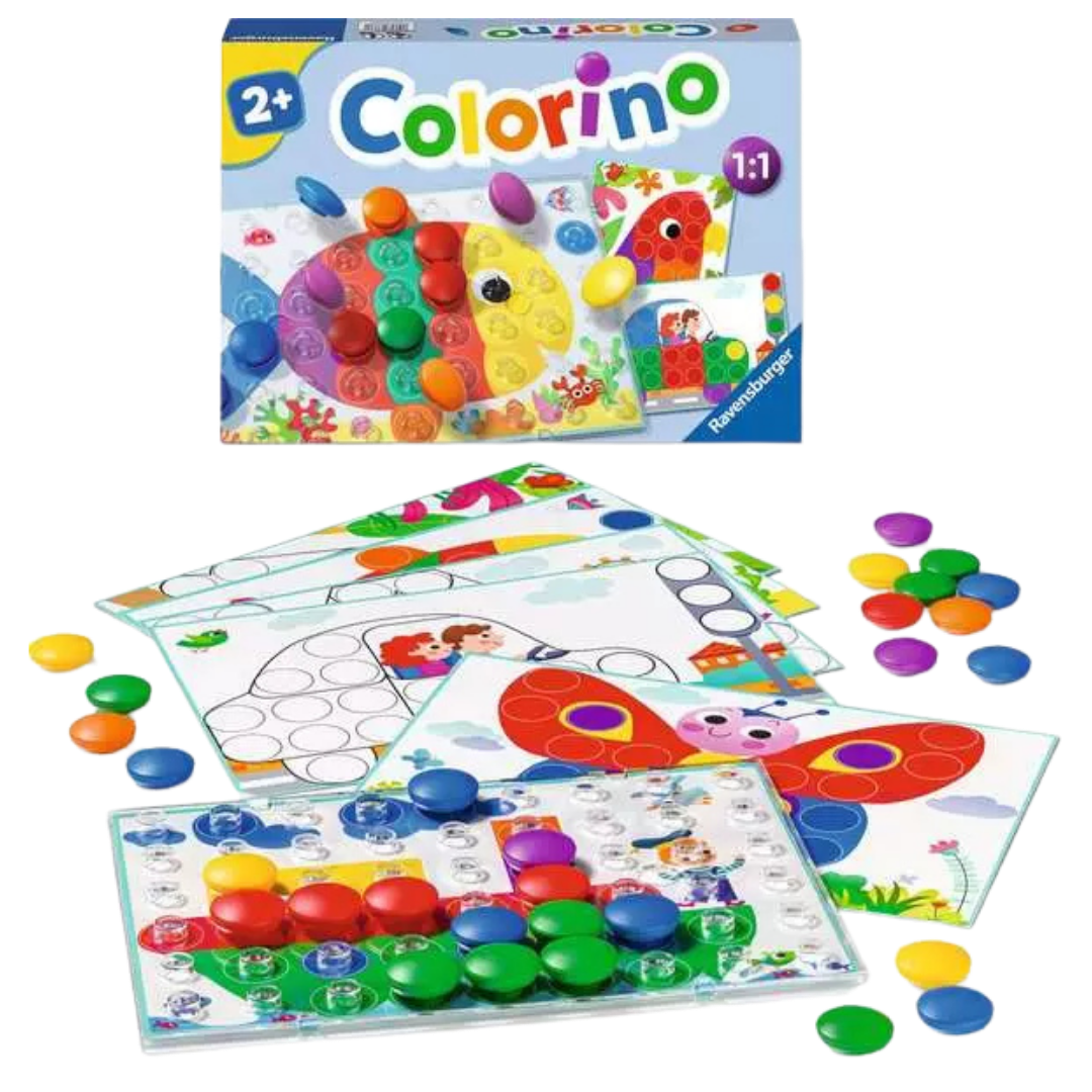 Colorino contents with transparent pegboard, large colored pegs, and double-sided picture cards.