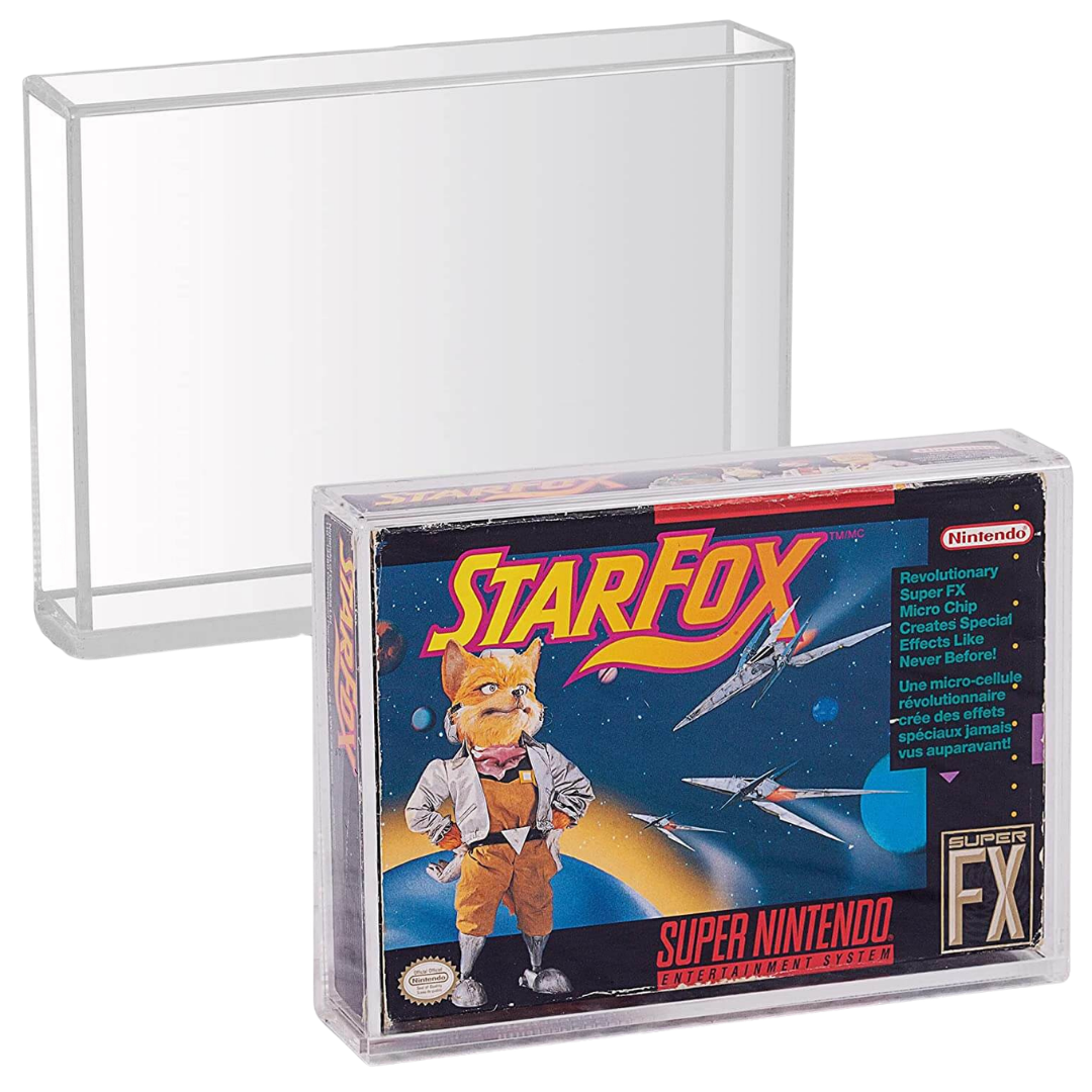 Evoretro clear acrylic protector for Nintendo 64 game boxes with sliding push-lock base