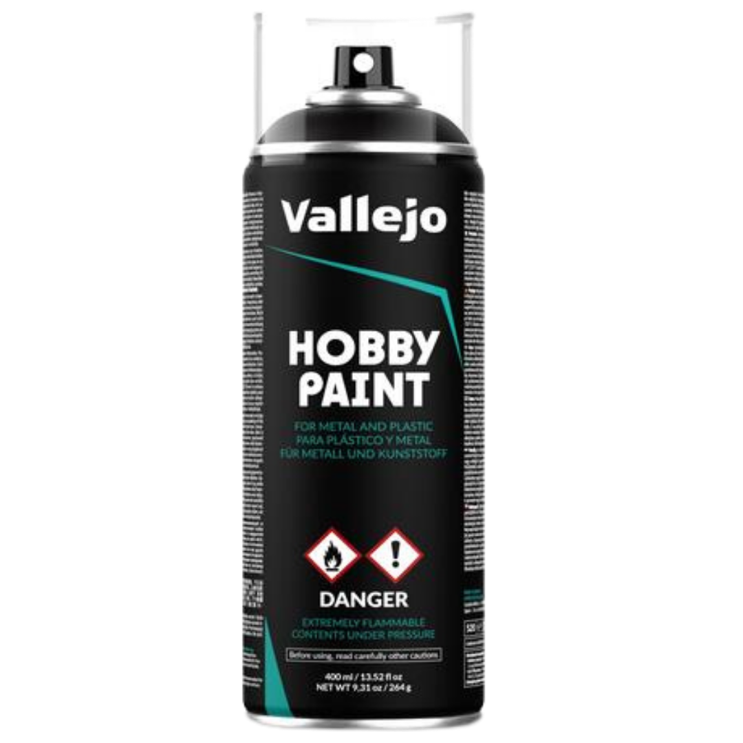 Vallejo Black Primer Aerosol 400ml hobby spray for metal, plastic, and resin miniatures