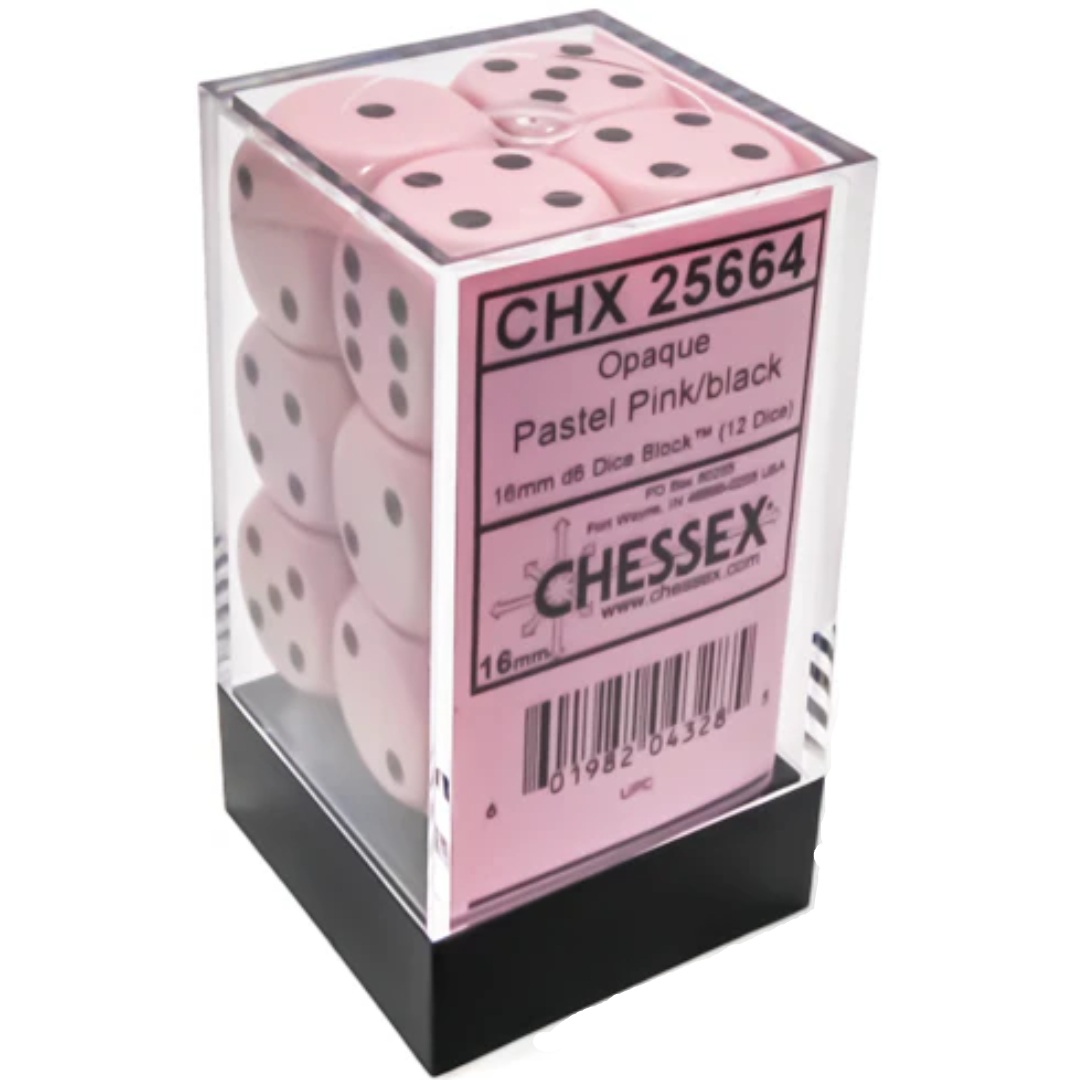 Chessex - 12D6 - Opaque - Pastel Pink/Black Pips