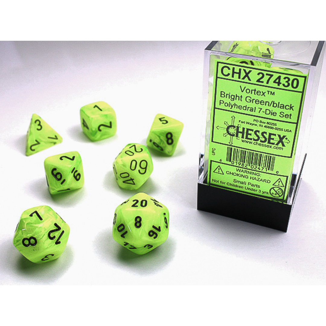 Chessex - 7PC - Vortex - Bright Green/Black Numbers