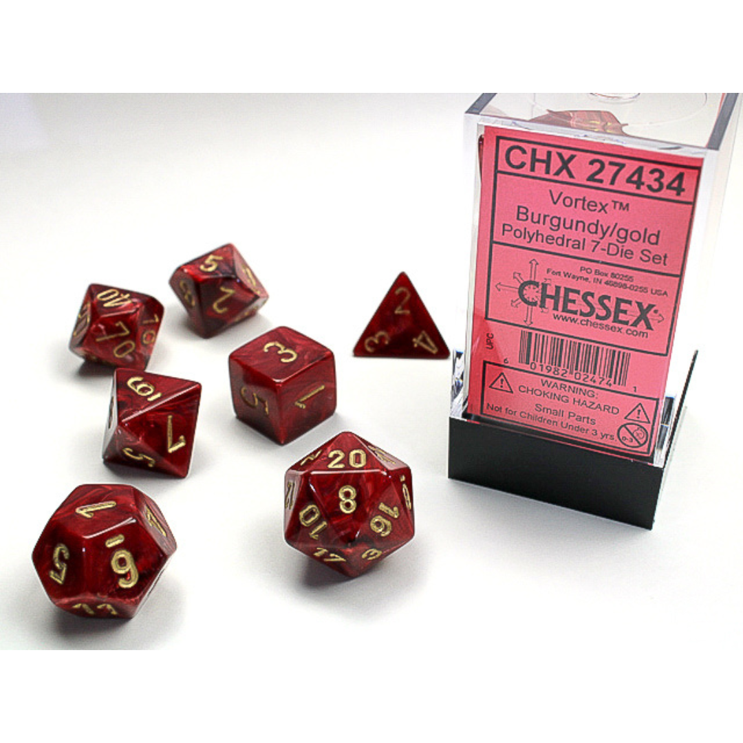 Chessex - 7PC - Vortex - Burgundy/Gold Numbers