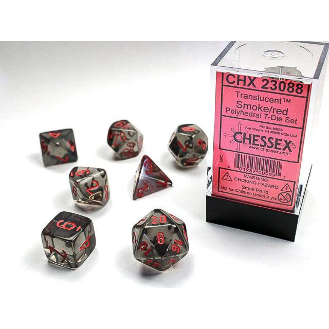 Chessex - 7PC - Translucent - Smoke/Red Numbers