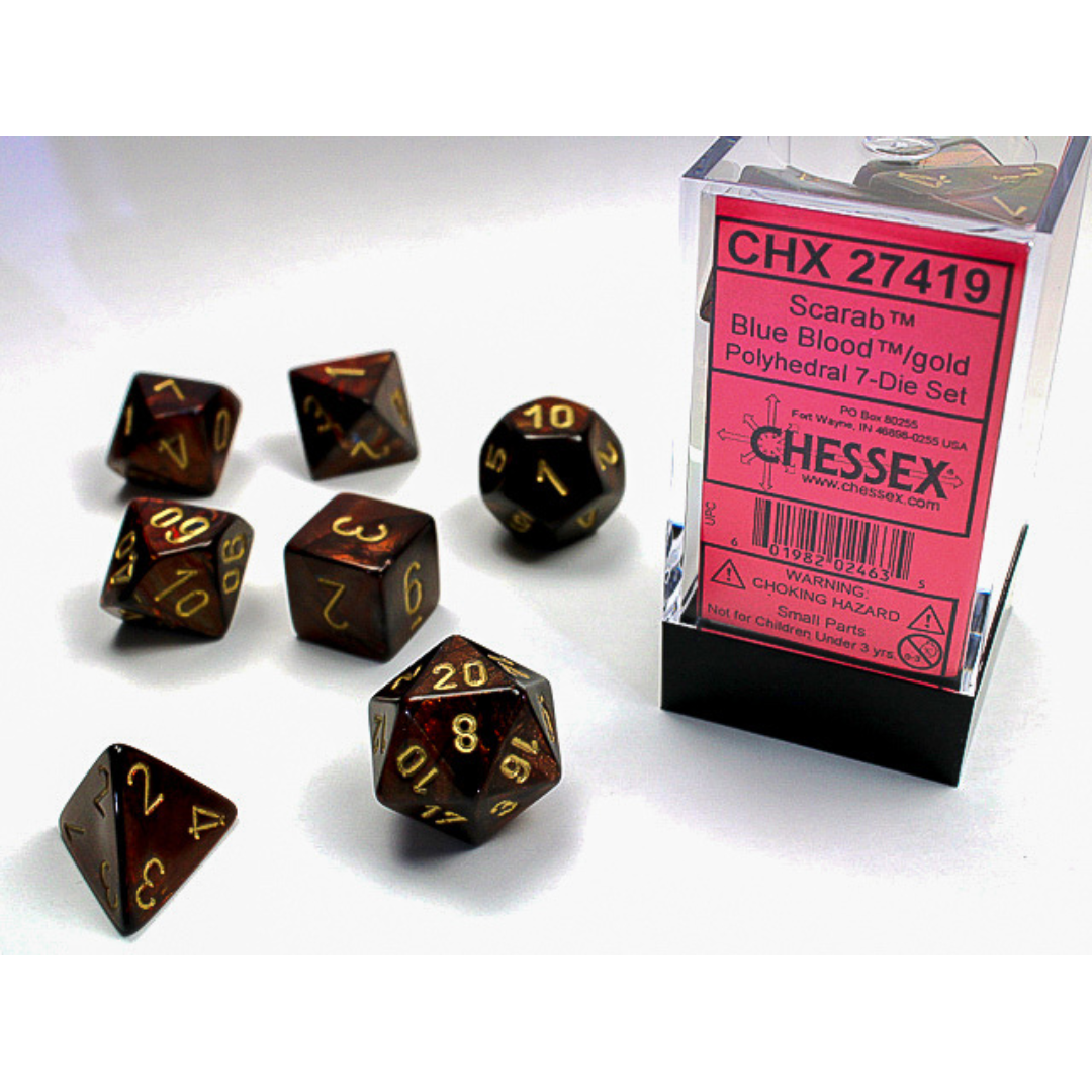 Chessex - 7PC - Scarab - Blue Blood/Gold Numbers