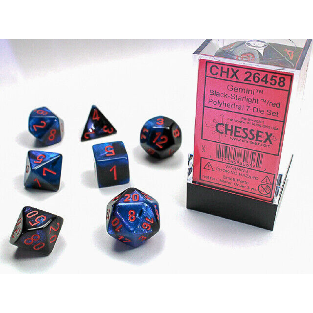 Chessex - 7PC - Gemini - Black-Starlight/Red Numbers