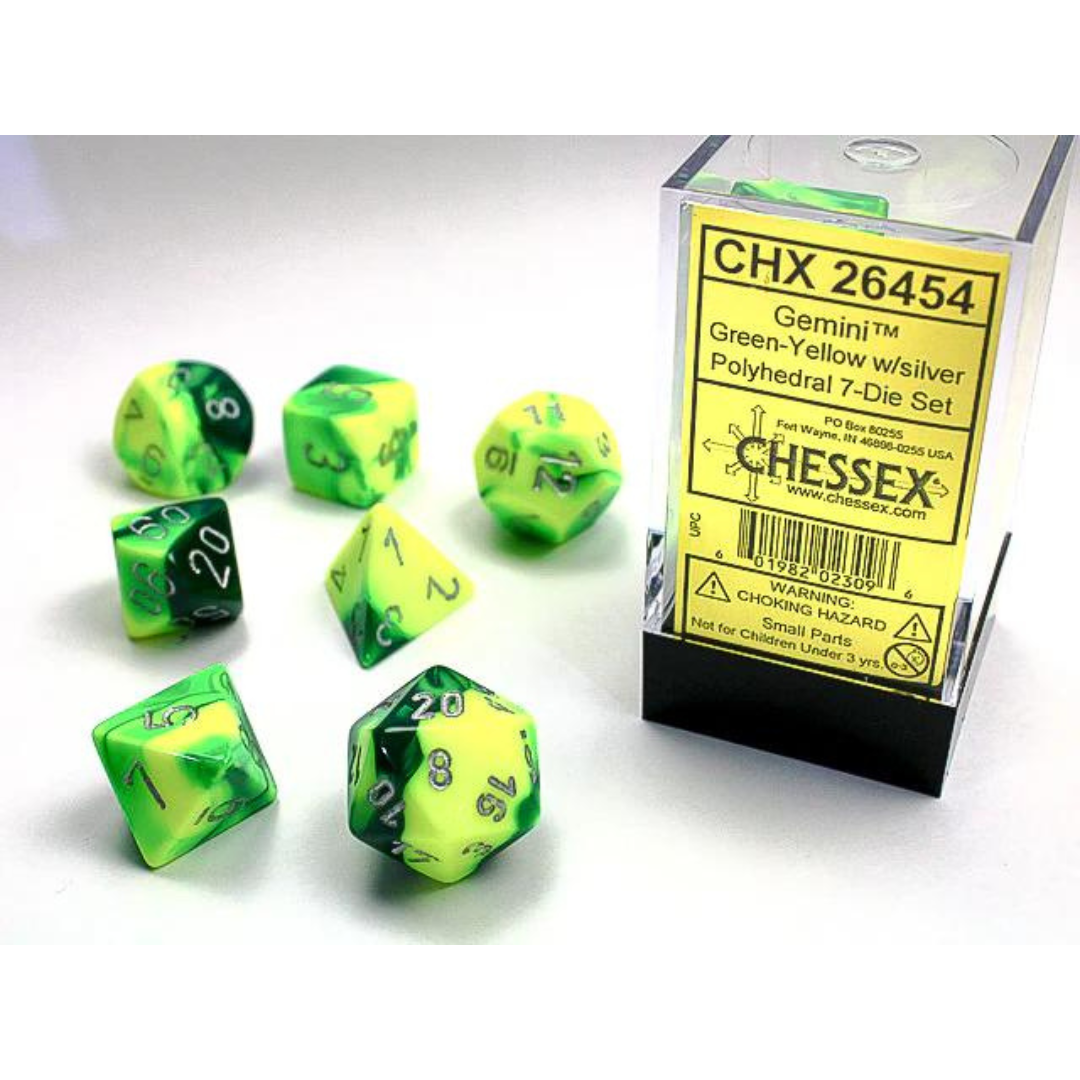 Chessex - 7PC - Gemini - Green-Yellow/Silver Numbers