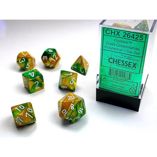 Chessex - 7PC - Gemini - Gold-Green/White Numbers