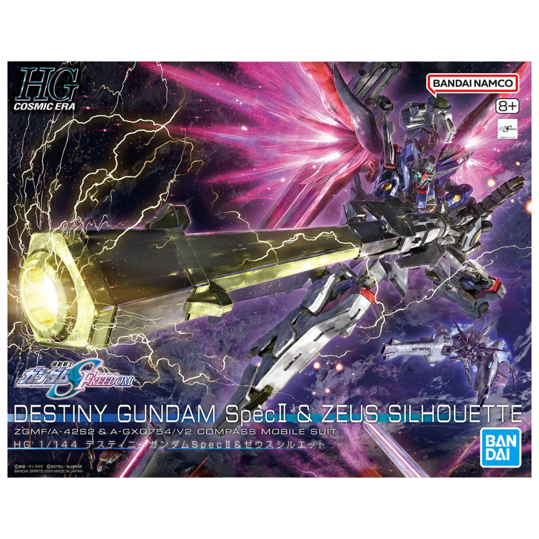 Bandai HG Destiny Gundam SpecII + Zeus Silhouette model kit featuring dynamic articulation and design inspired by Gundam SEED Freedom.