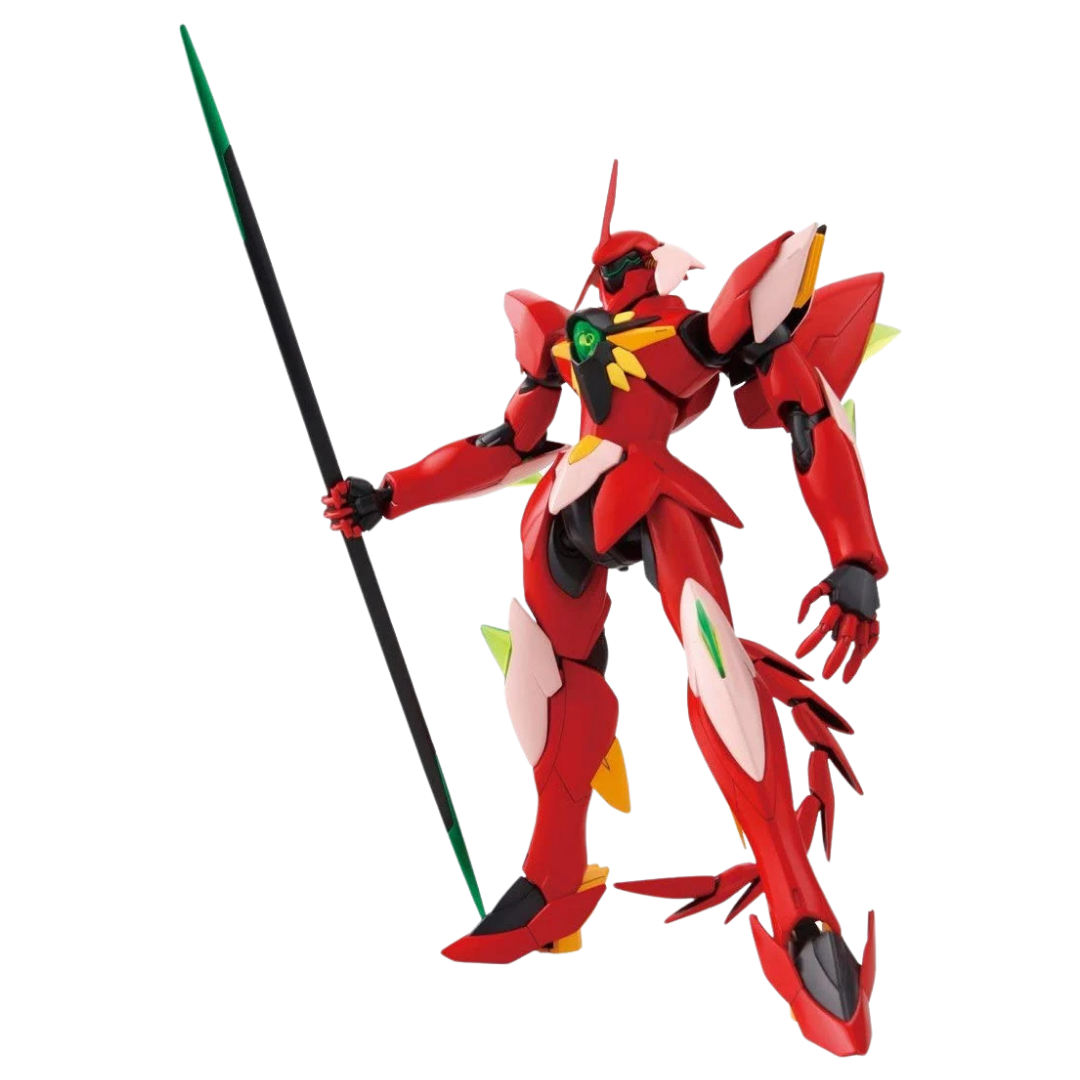 Bandai HG Ghirarga 1/144 Gundam AGE Gunpla model kit featuring red armor, green accents, spear, and flexible tail