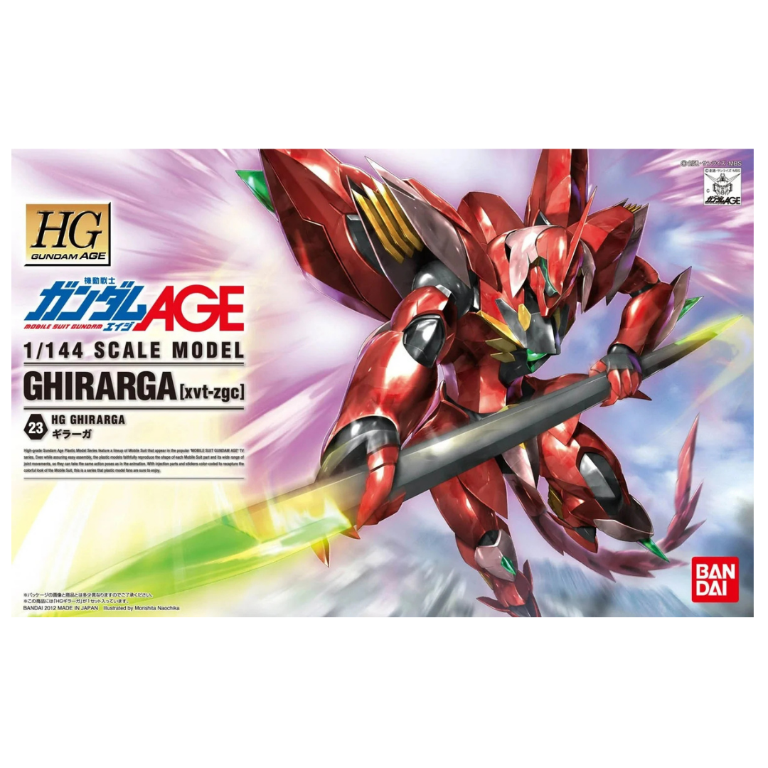 Bandai HG Ghirarga 1/144 Gundam AGE Gunpla model kit featuring red armor, green accents, spear, and flexible tail