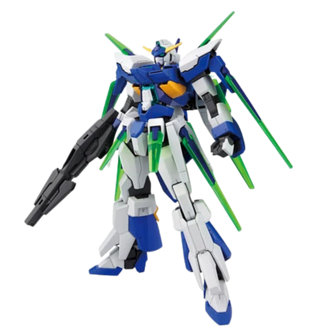 Bandai HG Gundam AGE-FX 1/144 Gunpla model kit from Mobile Suit Gundam AGE with green C-Funnels and rifle