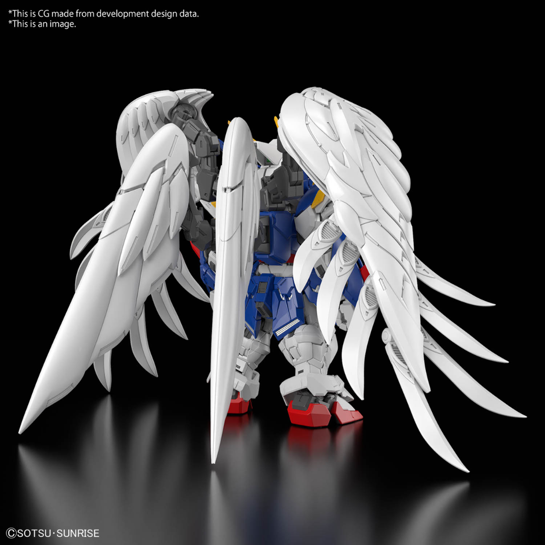 Bandai MGSD Wing Gundam Zero EW model kit from Gundam Wing: Endless Waltz with feathered wings, twin Buster Rifles, and Neo Bird Mode transformation.