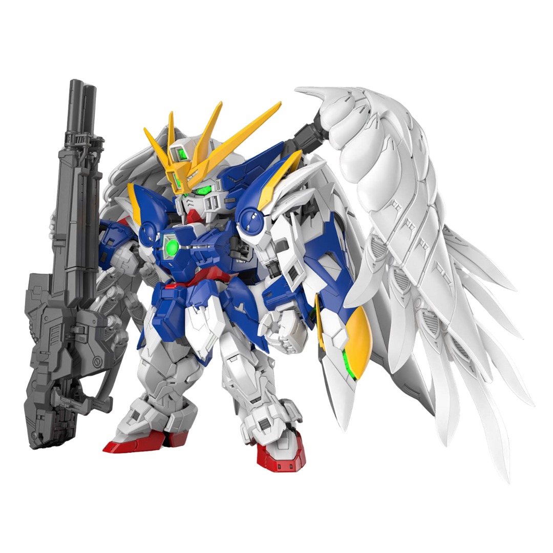 Bandai MGSD Wing Gundam Zero EW model kit from Gundam Wing: Endless Waltz with feathered wings, twin Buster Rifles, and Neo Bird Mode transformation.