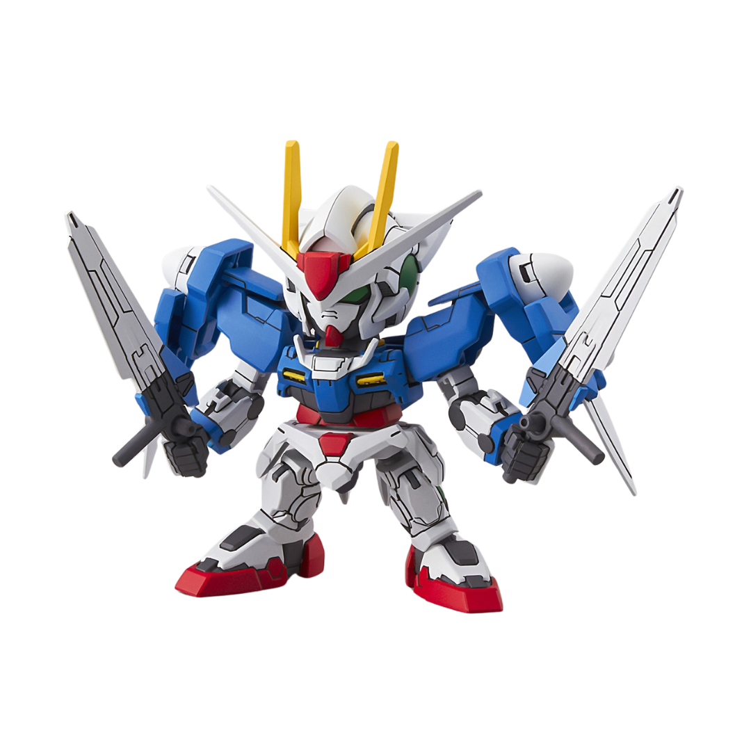 SD EX-Standard 00 Gundam model kit, Bandai Gundam 00, poseable articulated Gundam figure with GN Drives and twin GN Swords, anime mecha collectible.

