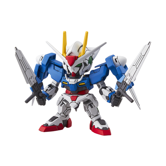 SD EX-Standard 00 Gundam model kit, Bandai Gundam 00, poseable articulated Gundam figure with GN Drives and twin GN Swords, anime mecha collectible.
