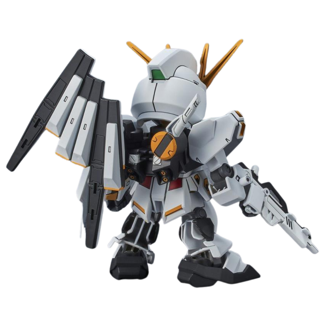 Bandai SD EX-Standard Nu Gundam model kit with Fin Funnels, articulated joints, and super-deformed styling from Char’s Counterattack