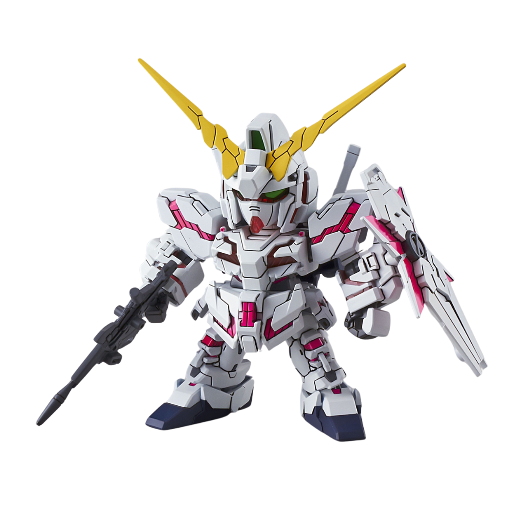 SD EX-Standard Unicorn Gundam Destroy Mode model kit, Bandai Gundam UC, articulated poseable Gundam figure with psycho-frame, Beam Magnum, and shield.