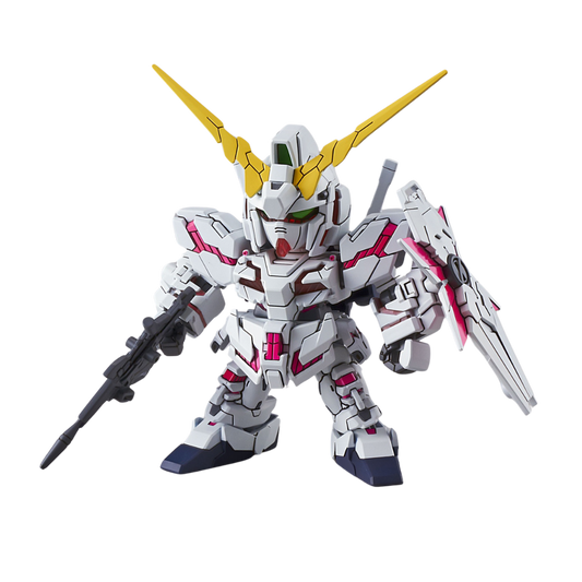 SD EX-Standard Unicorn Gundam Destroy Mode model kit, Bandai Gundam UC, articulated poseable Gundam figure with psycho-frame, Beam Magnum, and shield.