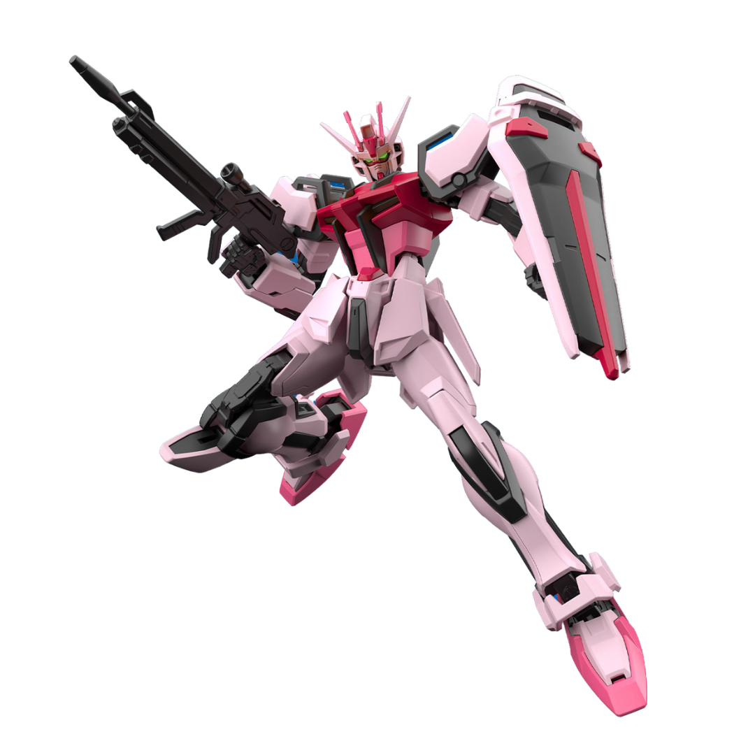 Bandai Entry Grade Strike Rouge Gundam SEED model kit in action pose, showcasing impressive articulation and vibrant color separation. Perfect for dynamic displays and collectors.
