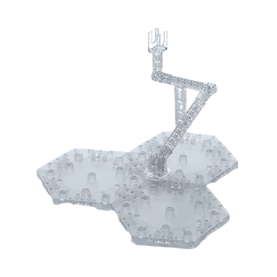 Bandai Hobby Action Base 4 (1/100) Clear, a transparent display stand designed for dynamic posing and stability of Gundam model kits, perfect for showcasing Gunpla builds.