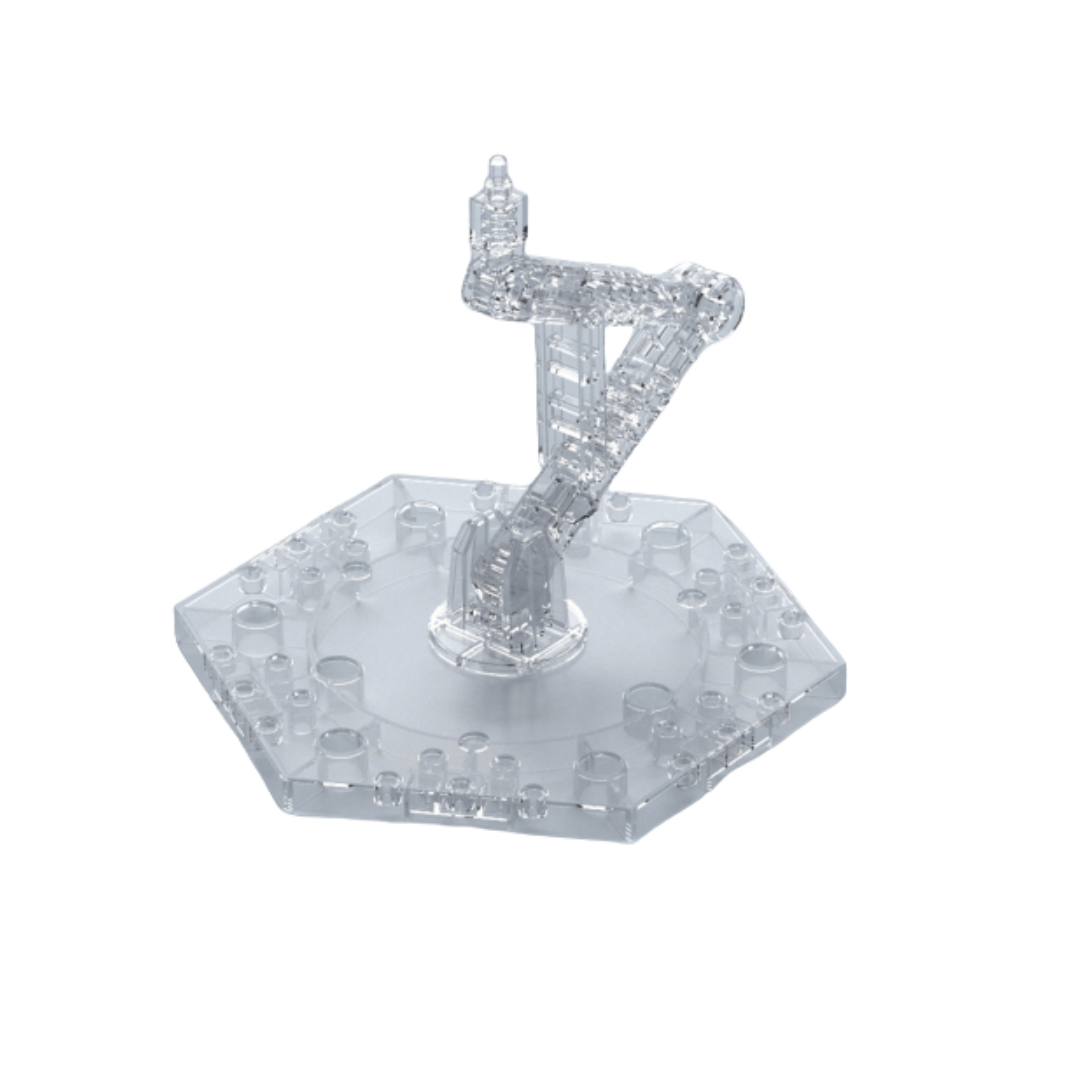 Bandai Hobby Action Base 5 (1/144) Clear, a transparent adjustable display stand for Gundam models, ideal for aerial and dynamic action poses.