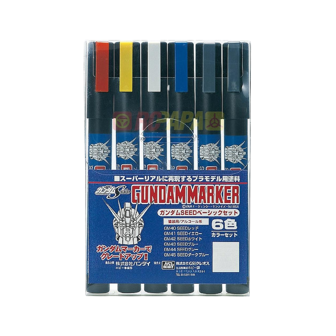 Bandai Gundam Seed Marker Set for Gunpla customization, featuring colors for detailing and panel lining Gundam SEED mobile suits.