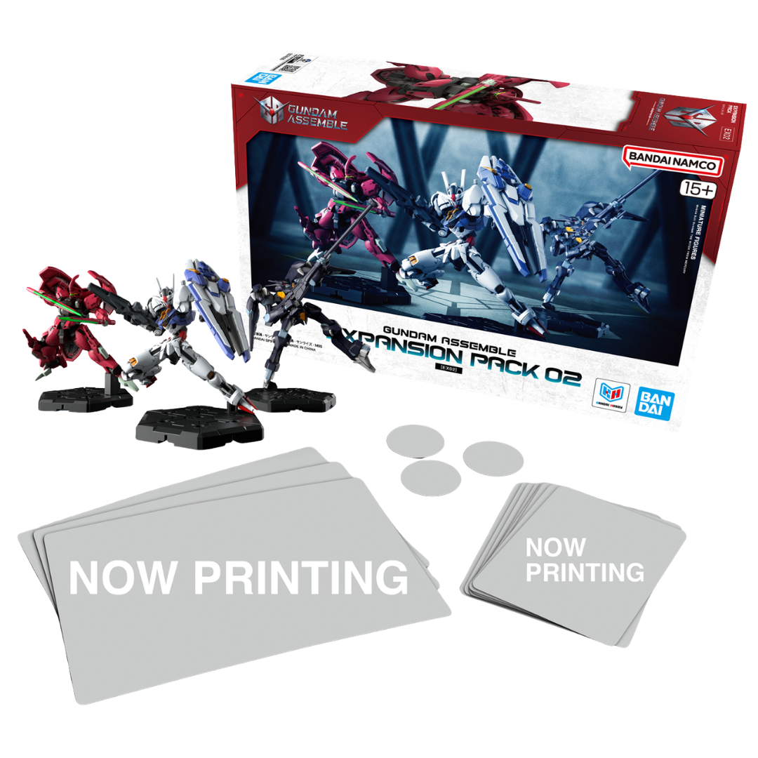 Bandai Gundam Assemble Expansion Pack 02 with ranged miniatures tactics cards and game tokens