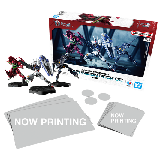 Bandai Gundam Assemble Expansion Pack 02 with ranged miniatures tactics cards and game tokens