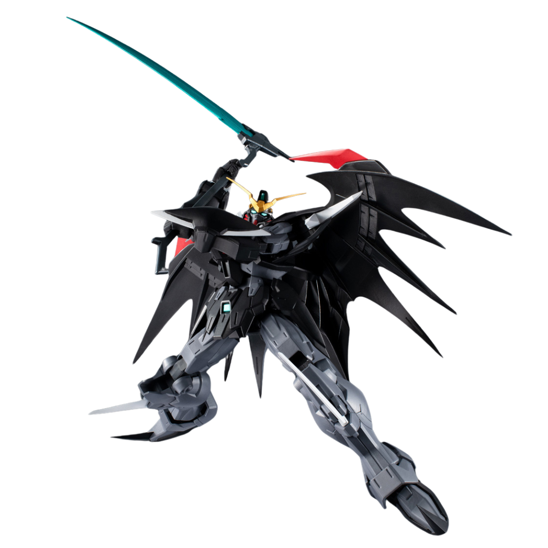 Bandai Gundam Universe XXXG-01D2 Deathscythe Hell (Endless Waltz) action figure with Beam Scissors prepared to strike. Demonstrating its poses and articulation. 