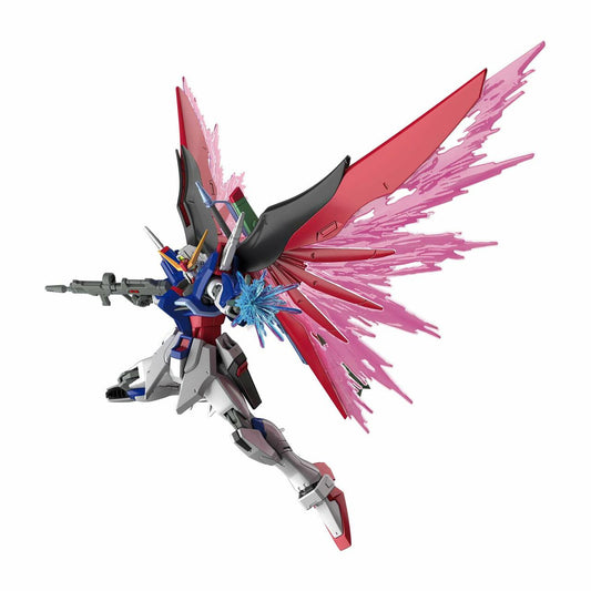 Bandai HG Destiny Gundam model kit from Gundam SEED Destiny, featuring vibrant colors, dynamic articulation, and powerful weaponry in 1/144 scale