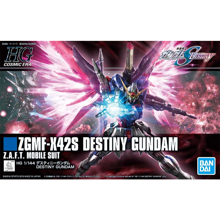 HG Destiny Gundam model kit, showcasing detailed articulation and sleek design from Gundam SEED Destiny.

