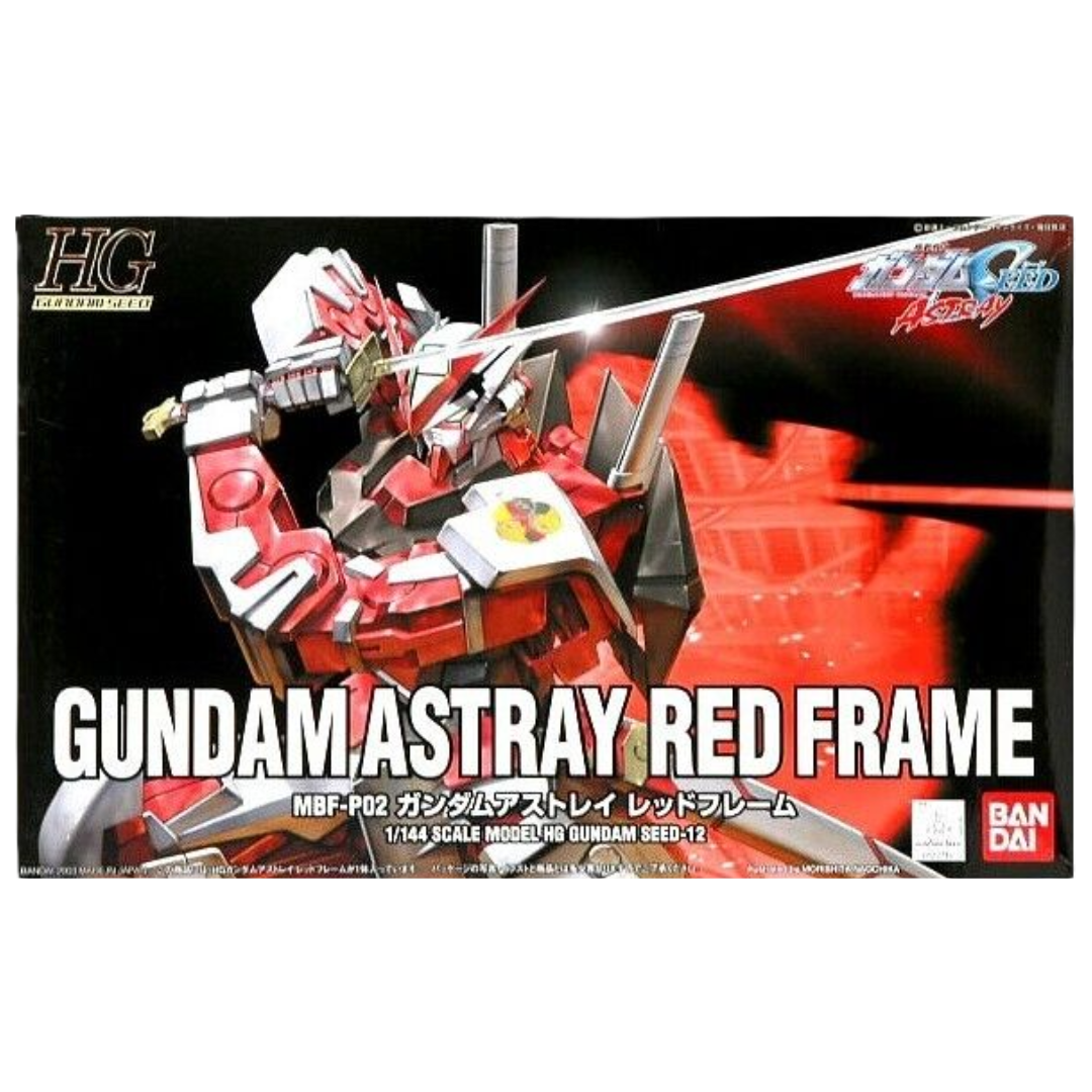 High Grade Gundam Astray Red Frame Gunpla kit with samurai-style sword and striking red and white armor from Bandai's SEED Astray model line