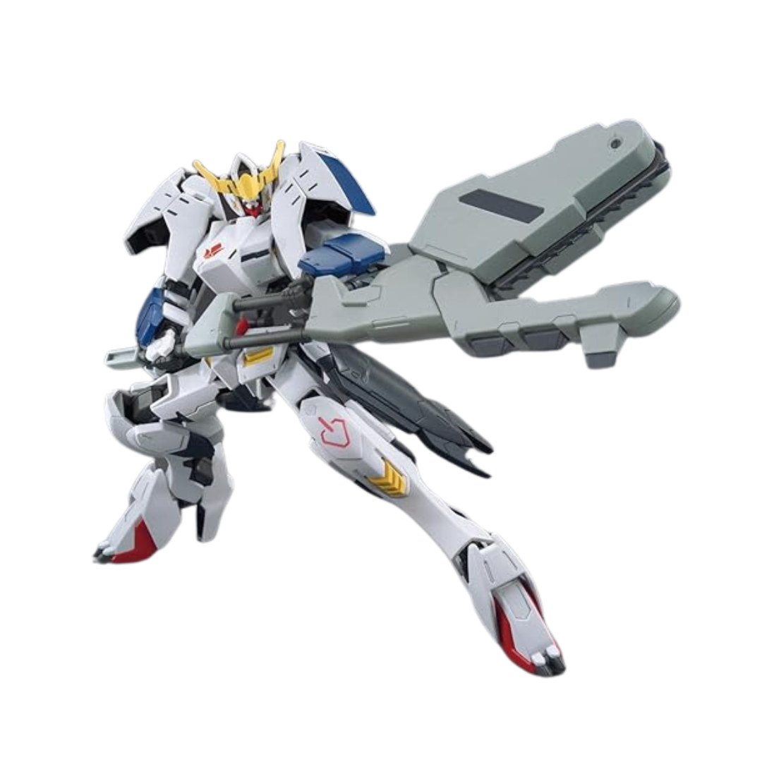 Bandai HG Gundam Barbatos 6th Form model kit from Mobile Suit Gundam: Iron-Blooded Orphans, featuring detailed armor, weapons, and articulation in 1/144 scale.