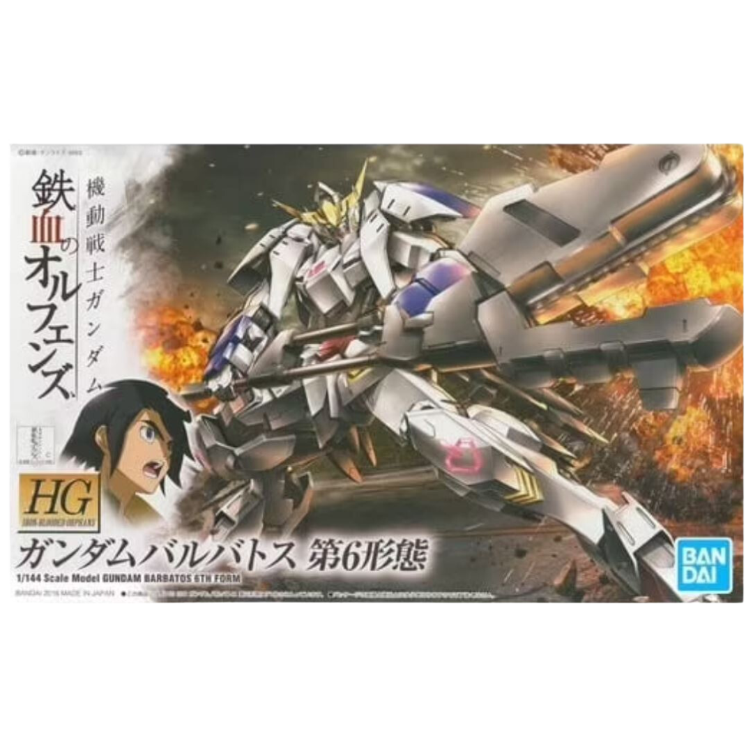 Bandai HG Gundam Barbatos 6th Form model kit from Mobile Suit Gundam: Iron-Blooded Orphans, featuring detailed armor, weapons, and articulation in 1/144 scale.
