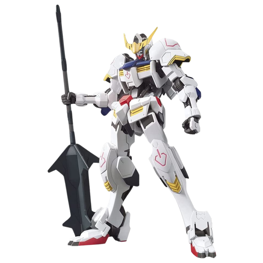Bandai HG Gundam Barbatos from Gundam IBO, showcasing detailed design and articulation with the Mobile Suit’s weaponry, perfect for collectors and model enthusiasts.