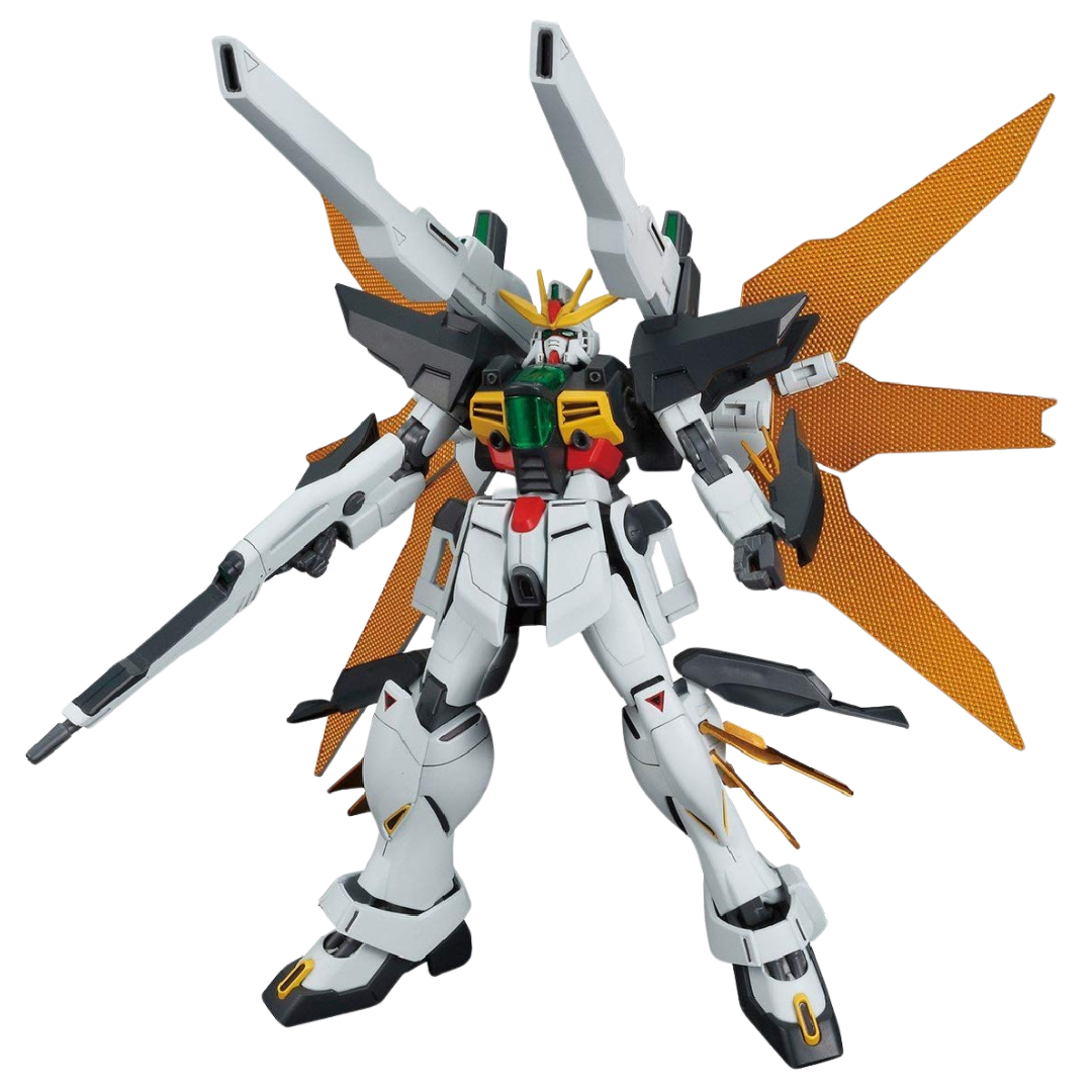 Bandai HG Gundam Double X model from After War Gundam X, showcasing its detailed design, twin satellite cannons, and sleek mobile suit features.
