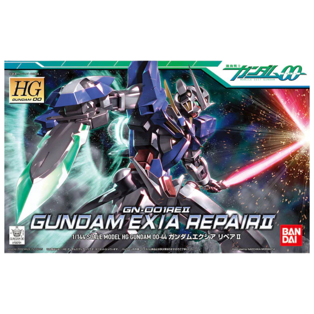 HG Gundam Exia Repair II box art from Gundam 00, featuring the battle-damaged Exia in a dynamic pose, highlighting the Mobile Suit's power and iconic design for Gunpla collectors.