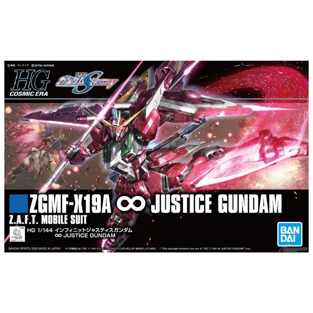 HG Gundam Infinite Justice model kit from Gundam SEED DESTINY, showcasing intricate detailing and weaponry.