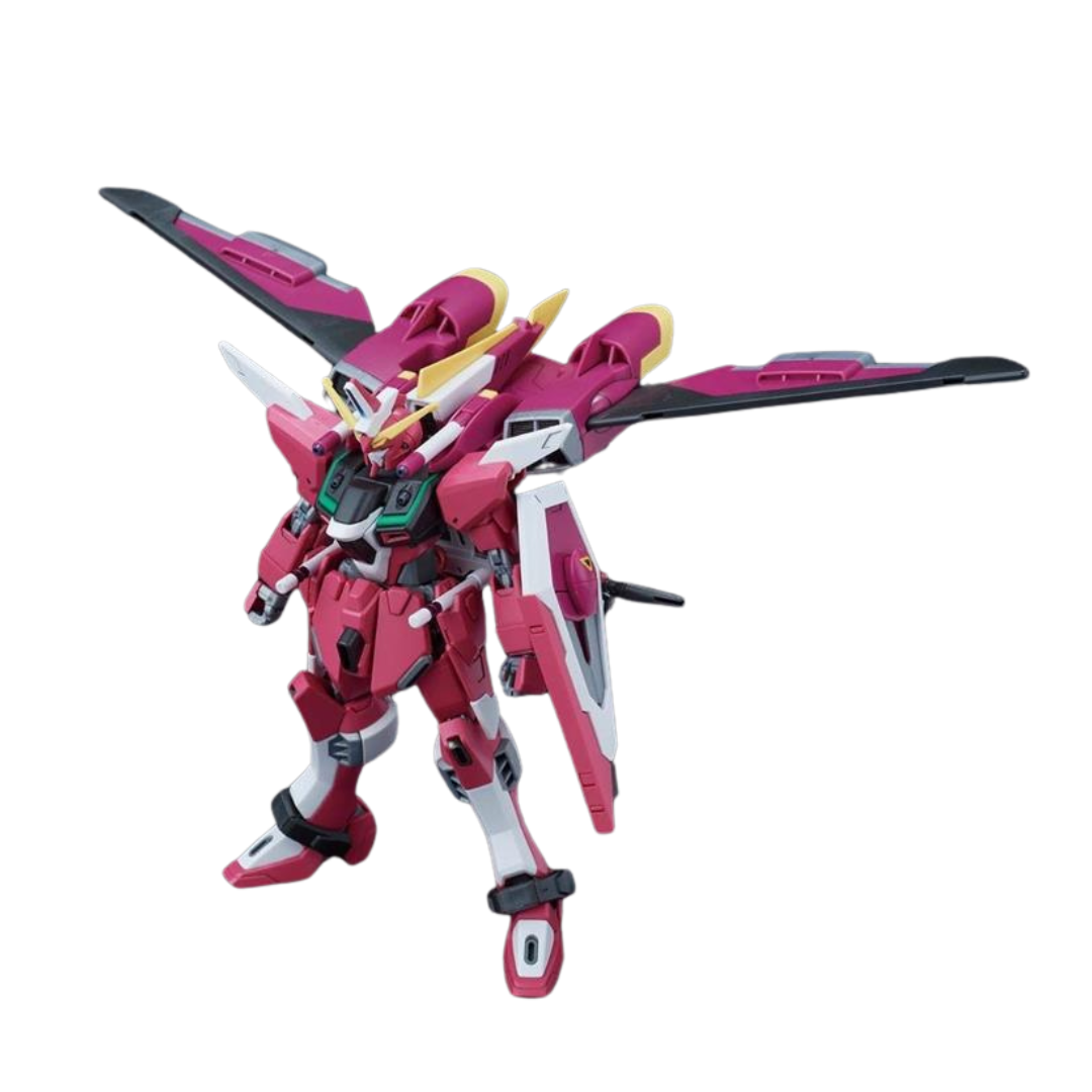 Full-body view of the HG Gundam Infinite Justice, equipped with a Beam Rifle, shield, and ready for combat.