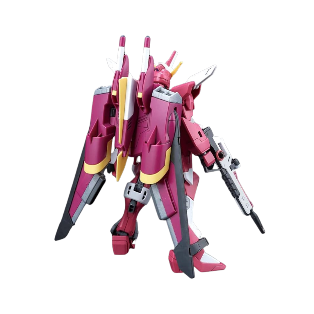 Close-up view of the HG Gundam Infinite Justice’s head and torso, highlighting the mobile suit’s sleek design.