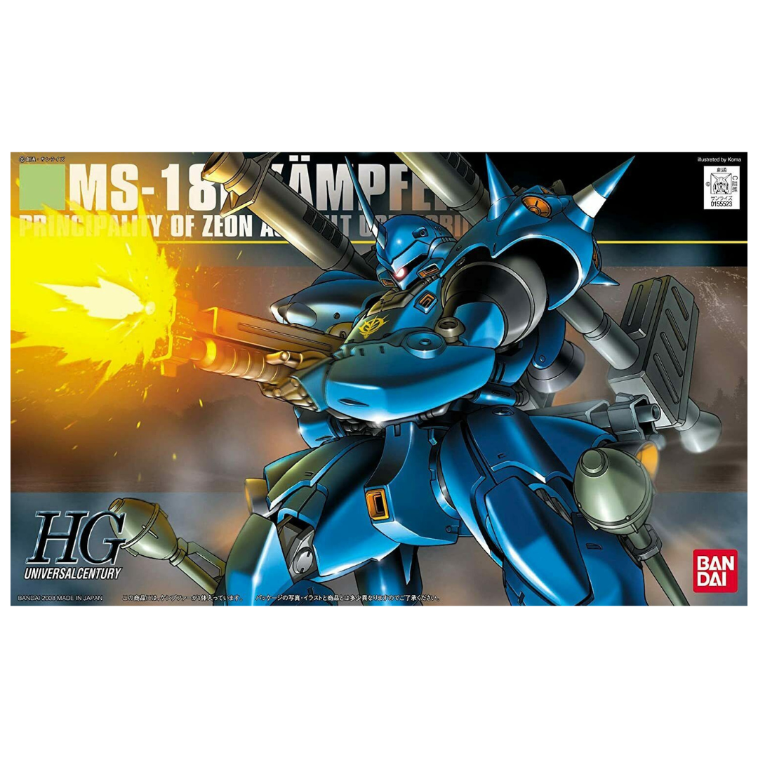 Box art of the HG MS-18E Kämpfer from Mobile Suit Gundam 0080: War in the Pocket, showcasing the high-speed Zeon assault mobile suit in dynamic combat action.
