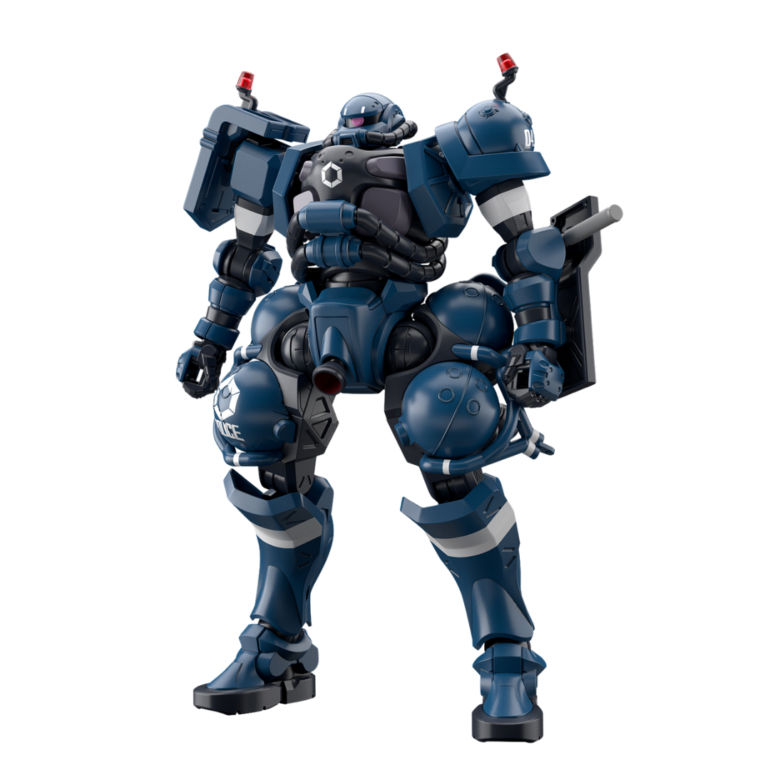 Bandai HG Police Zaku model kit, 1/144 scale mobile suit with police markings and gear from Mobile Suit Gundam GQuuuuuuX for collectors and Gunpla builders.