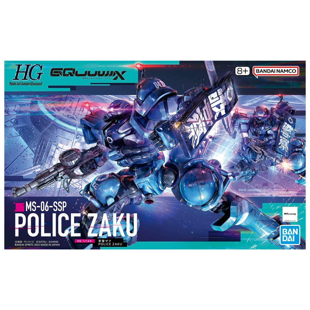 Bandai HG Police Zaku MS-06-SSP model kit box art, featuring the law enforcement-themed mobile suit from Mobile Suit Gundam GQuuuuuuX in dynamic action pose.